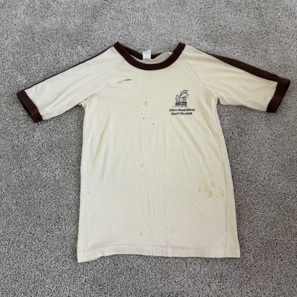 Vintage 70s 80s Hilton Head Island Shirt Mens Large Beige Ringer Tee Sherry USA